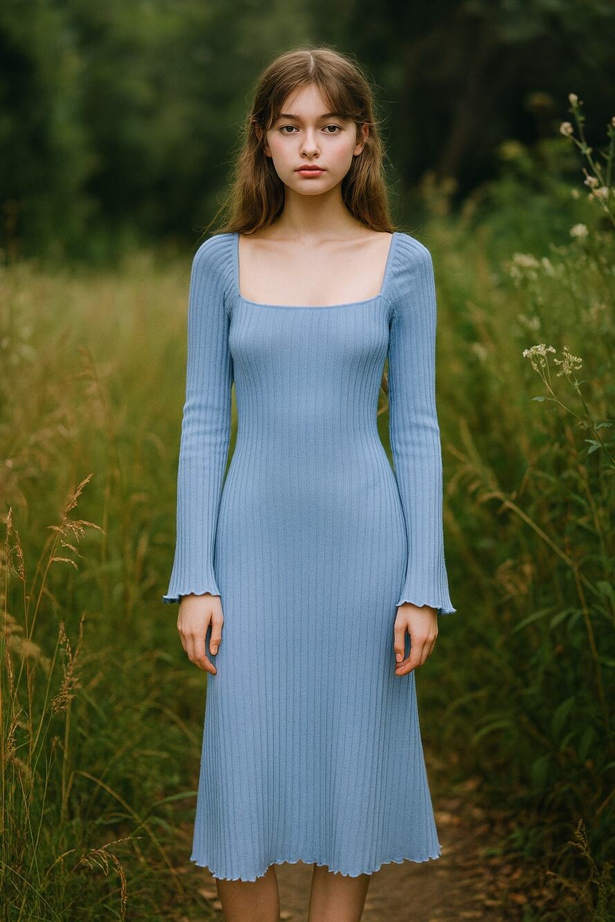 Lisa Says Gah Roya Blue Ribbed Midi Square Neck Romatic Fairycore Whimsical